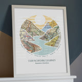 journey river map print six maps white frame. River scape relief with inset maps in hills. Leaning on colorful wall.