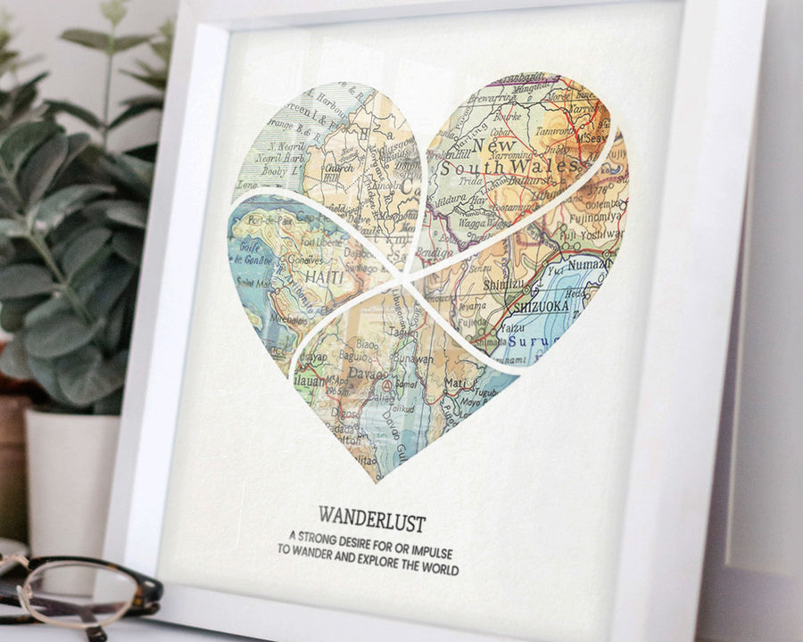 image of curved vintage map art print in curved style and 5 locations. "five"