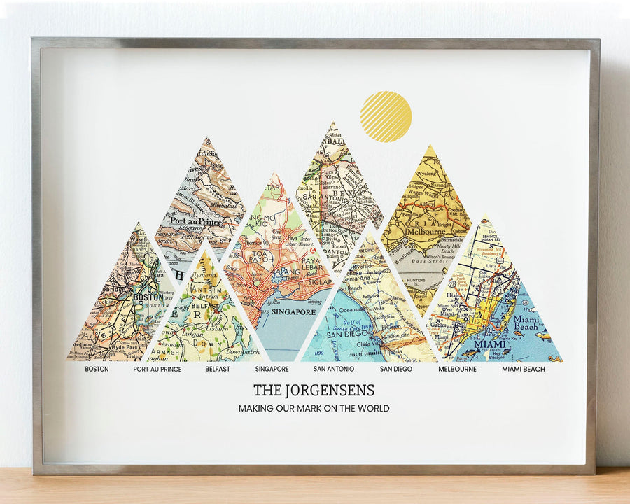 [Digital Only|24x18|8 Maps|Custom Frame (Digital Only)] A personalized adventure map print with eight triangular vintage map sections in metal frame