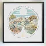 wanderlust roadtrip map print six maps black frame. Relief of hills and highway into the horizon, with inset maps.