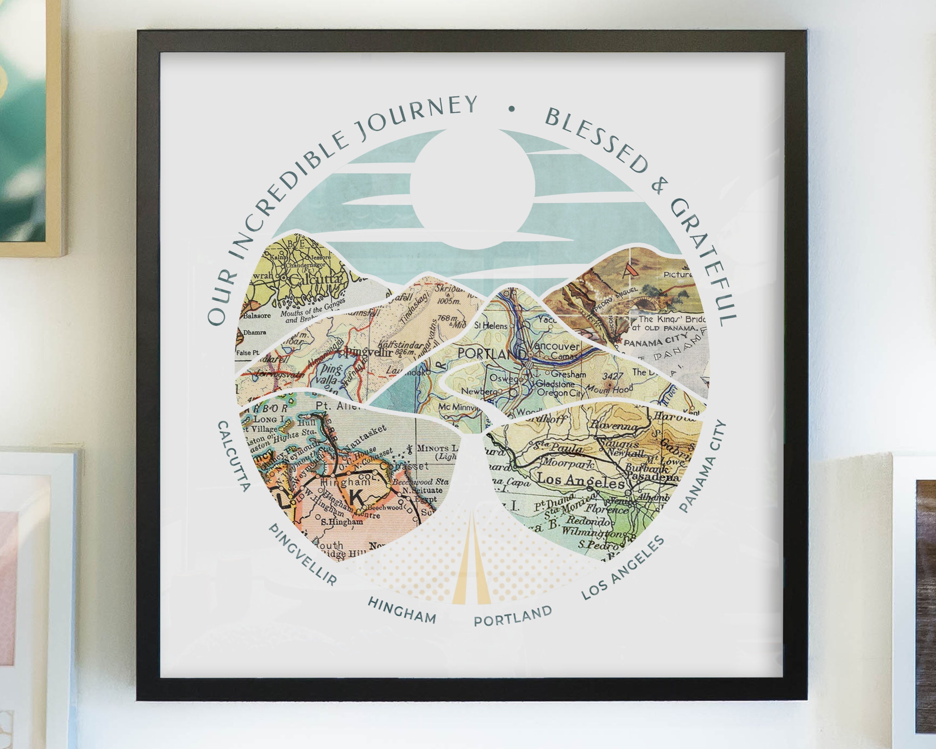 wanderlust roadtrip map print six maps black frame. Relief of hills and highway into the horizon, with inset maps.