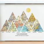 [Print Only|24x18|8 Maps|Custom Frame (Print Only)] A personalized adventure map print with eight triangular vintage map sections in metal frame