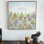 summit map print eleven maps custom framed canvas. Mountain scape relief with inset maps and geometric clouds above.