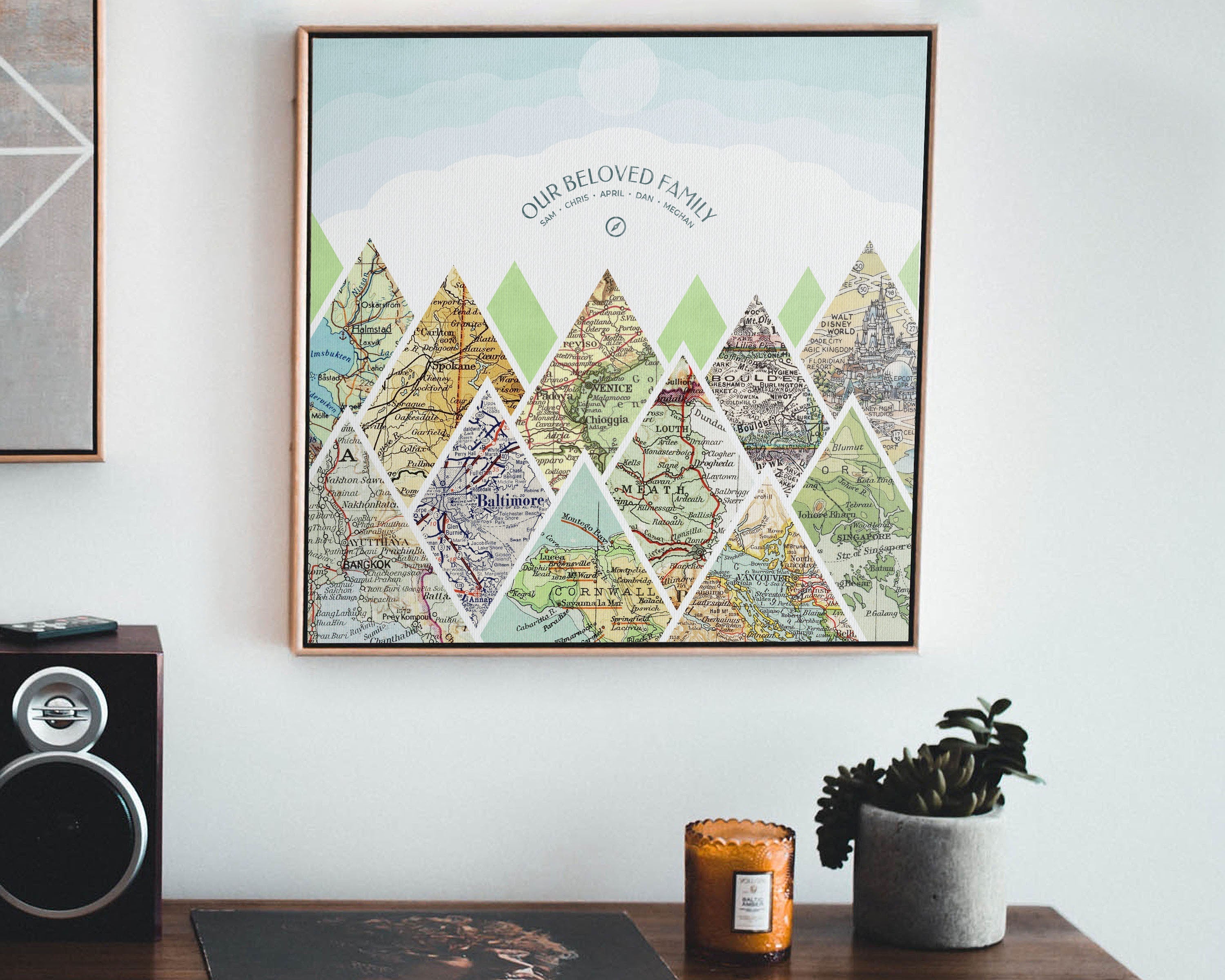 summit map print eleven maps custom framed canvas. Mountain scape relief with inset maps and geometric clouds above.