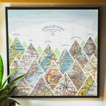 summit map print fifteen maps black frame. Mountain scape relief with inset maps and geometric clouds above.