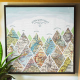 summit map print fifteen maps black frame. Mountain scape relief with inset maps and geometric clouds above.