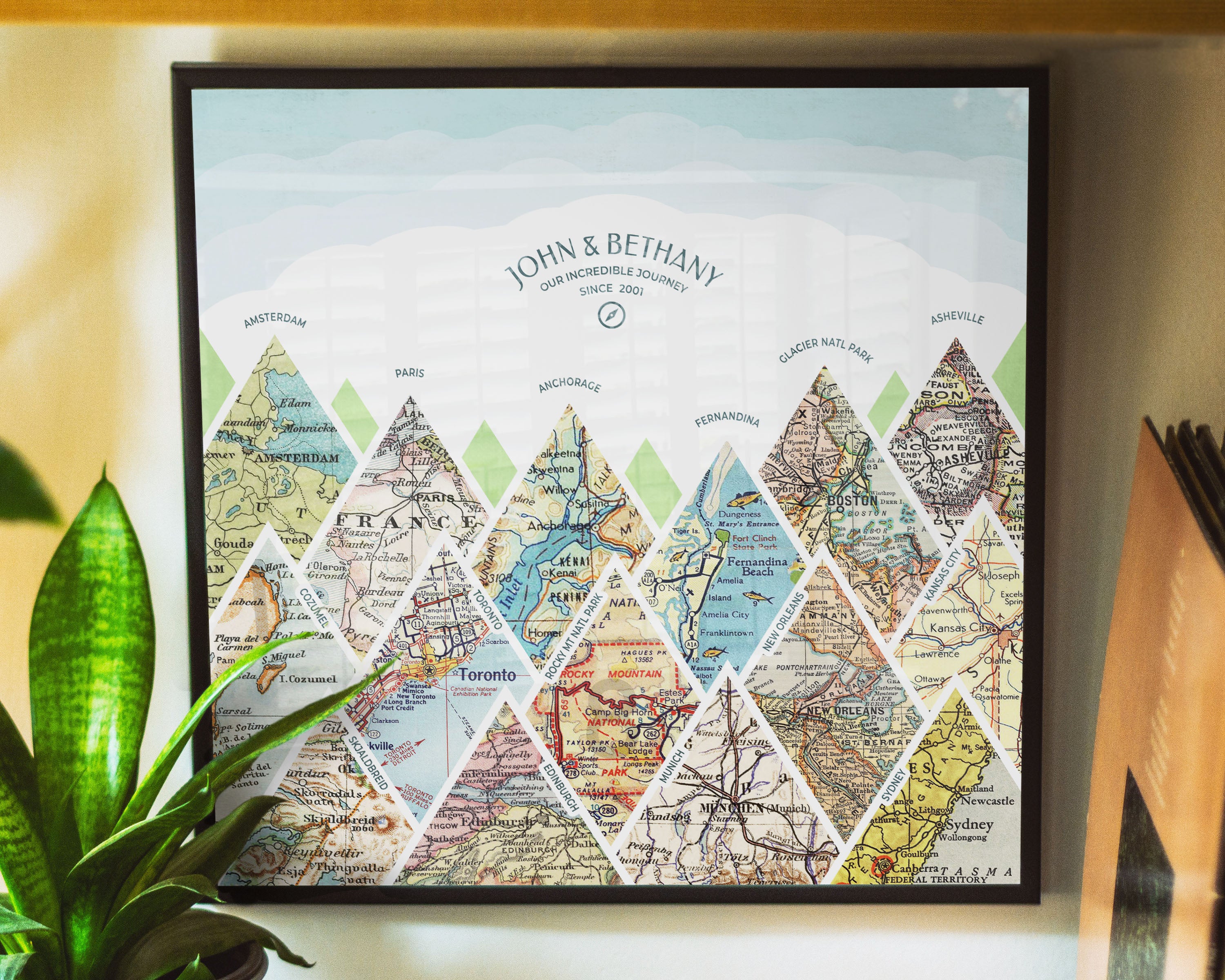 summit map print fifteen maps black frame. Mountain scape relief with inset maps and geometric clouds above.