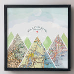 summit map print three maps black frame. Mountain scape relief with inset maps and geometric clouds above.
