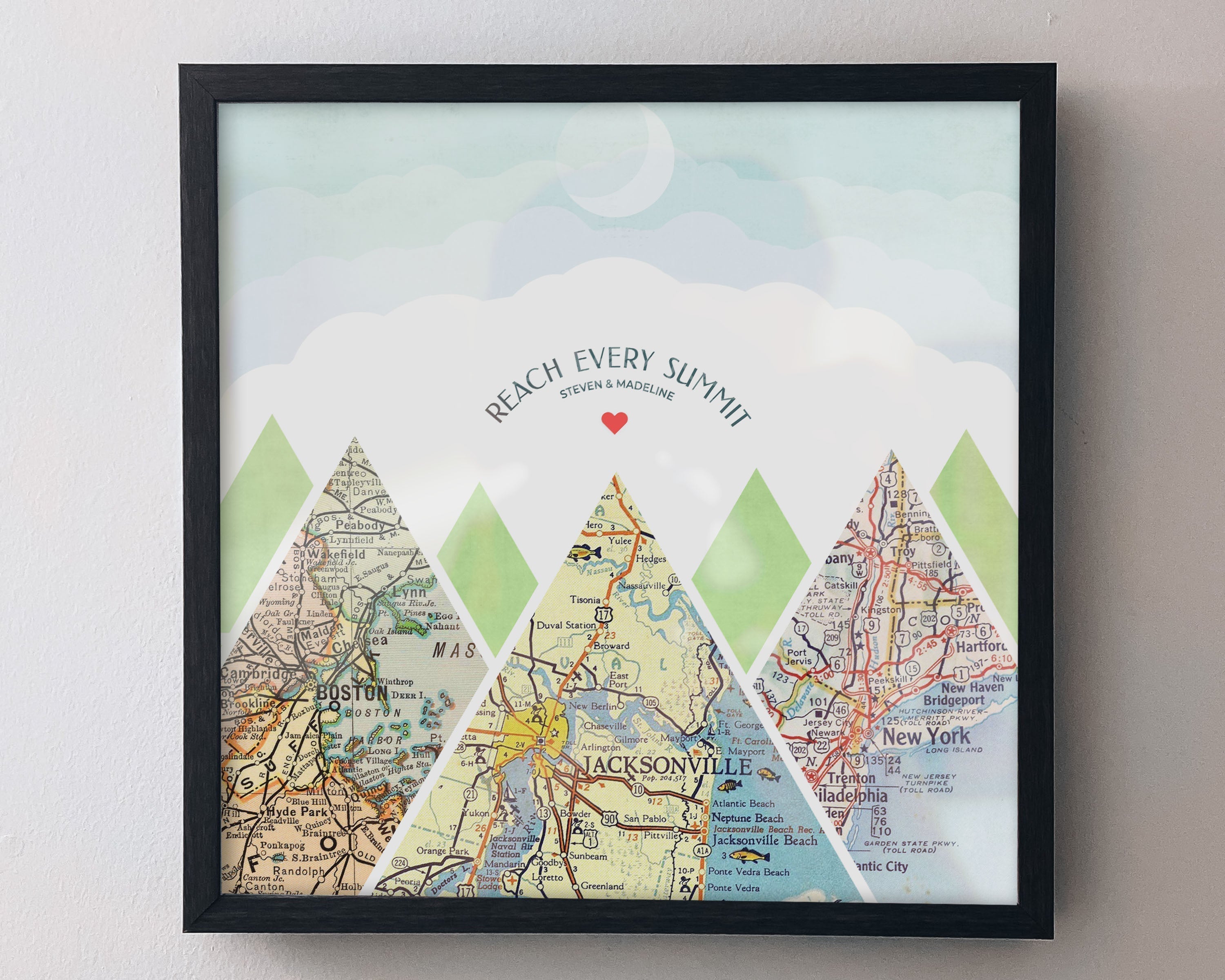 [Print Only|16x16|3 Maps|Print + Custom Frame] Mountain scape relief with inset maps in a square. Geometric clouds above. Black Frame