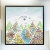 summit map print six maps black frame Mountain scape relief with inset maps and geometric clouds above.
