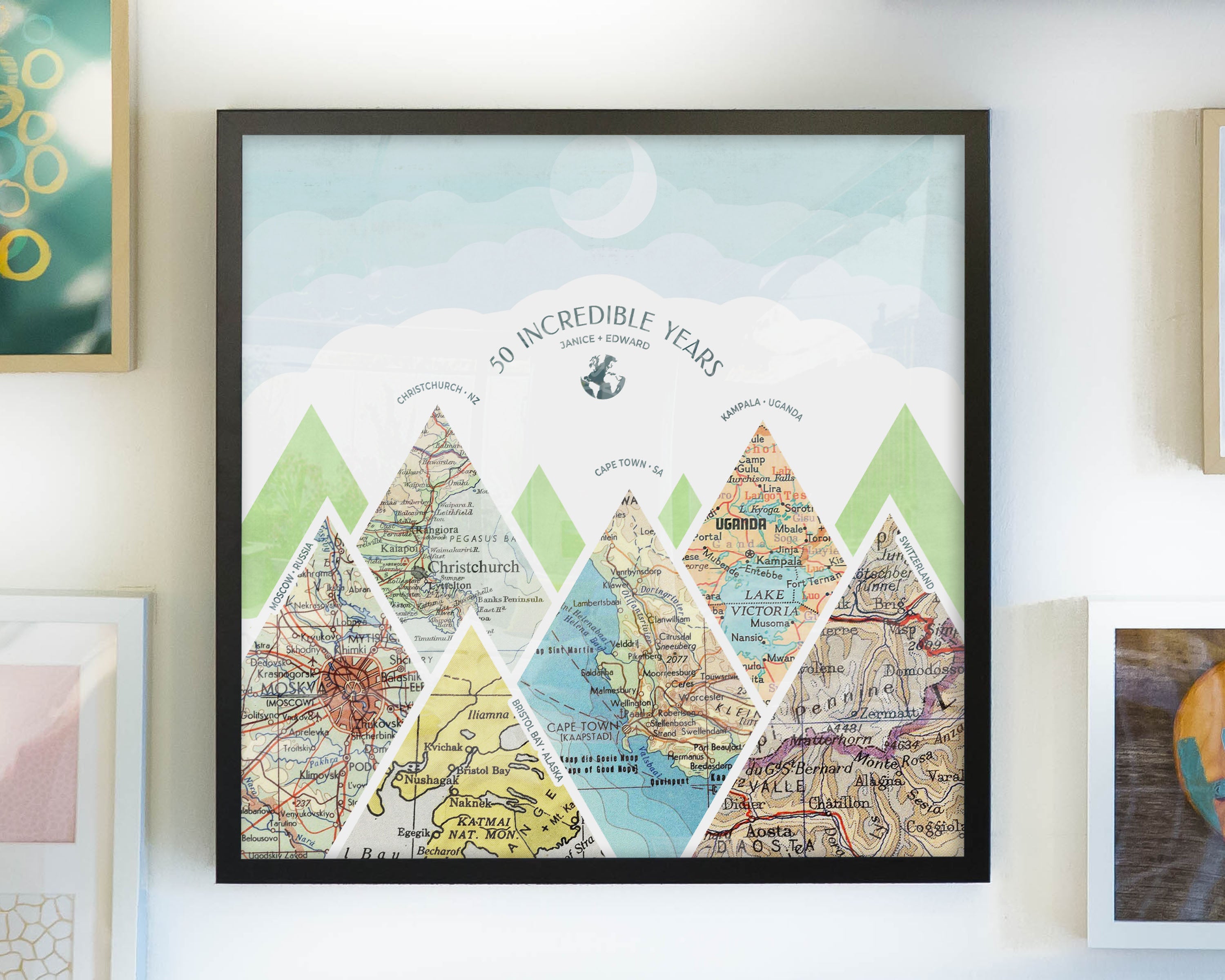 summit map print six maps black frame. Mountain scape relief with inset maps and geometric clouds above.