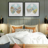 wanderlust roadtrip map print five maps three maps black frame. 2x Relief of hills and highway into the horizon, with inset maps.