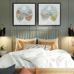 wanderlust roadtrip map print five maps three maps black frame. 2x Relief of hills and highway into the horizon, with inset maps. Hanging over a bed.