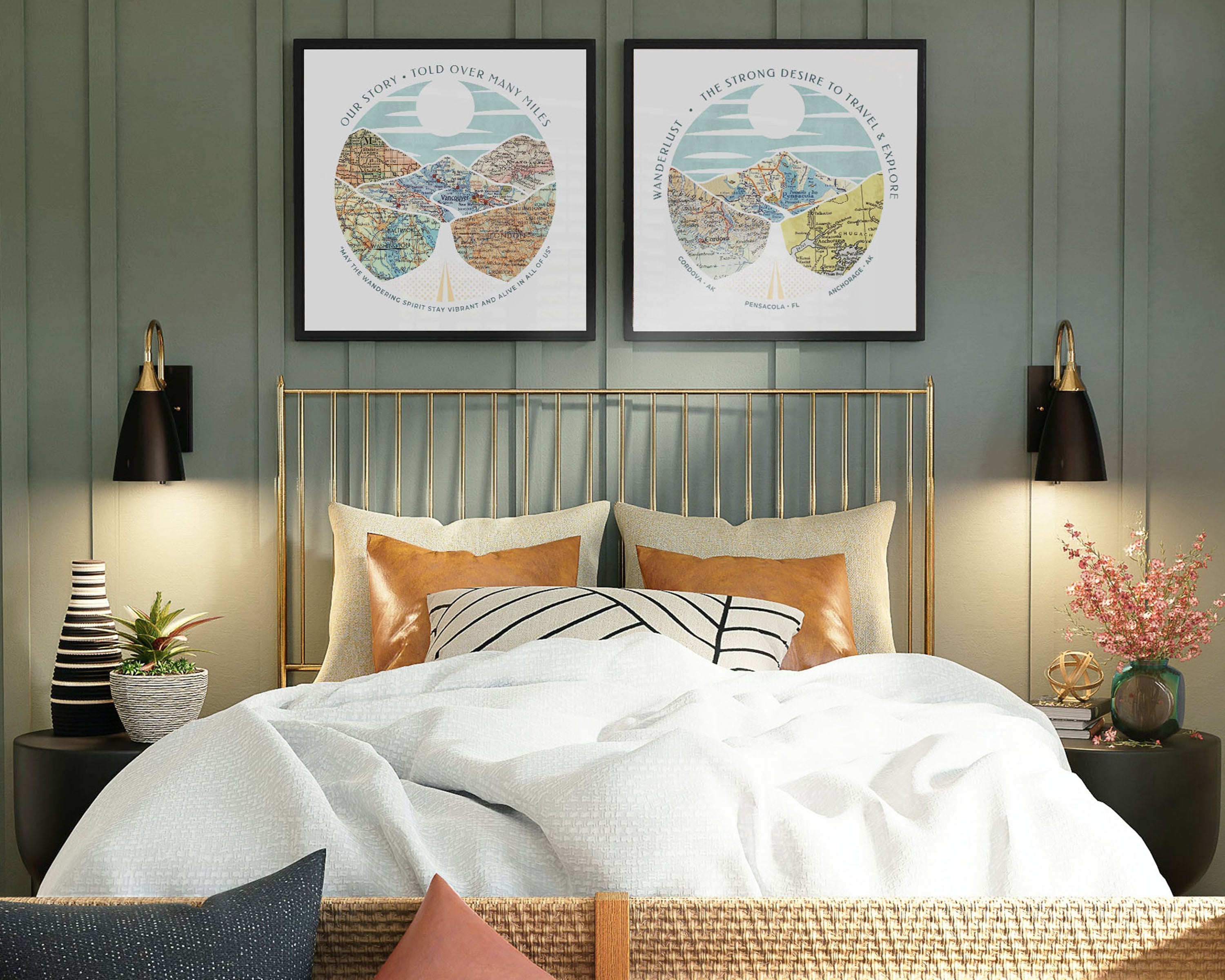 wanderlust roadtrip map print five maps three maps black frame. 2x Relief of hills and highway into the horizon, with inset maps. Hanging over a bed.
