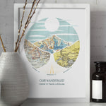 wanderlust roadtrip map print three maps white frame. Relief of hills and highway into the horizon, with inset maps. Vases in the foreground