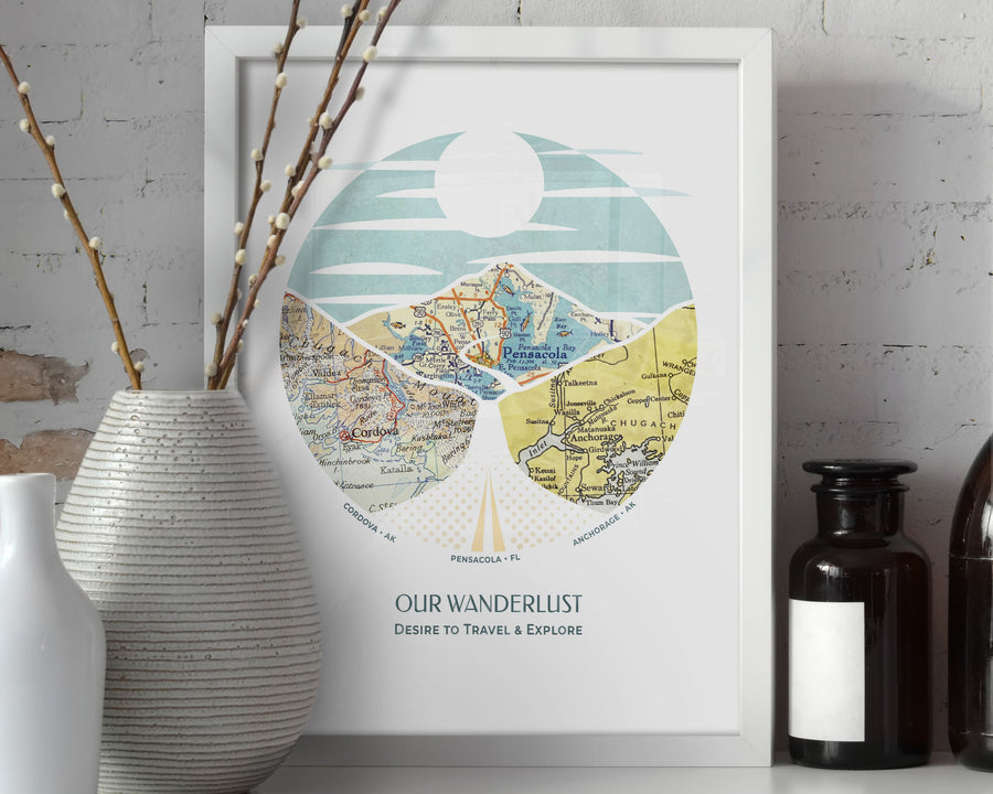 wanderlust roadtrip map print three maps white frame 12x16, 8x10, 18x24