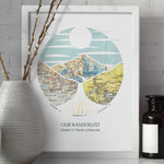 wanderlust roadtrip map print three maps white frame. Vases in the foreground