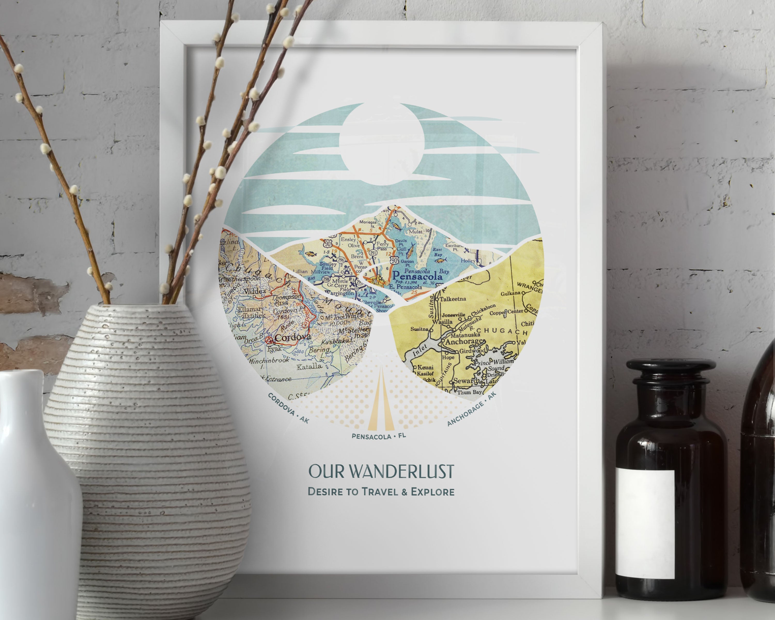 wanderlust roadtrip map print three maps white frame. Vases in the foreground