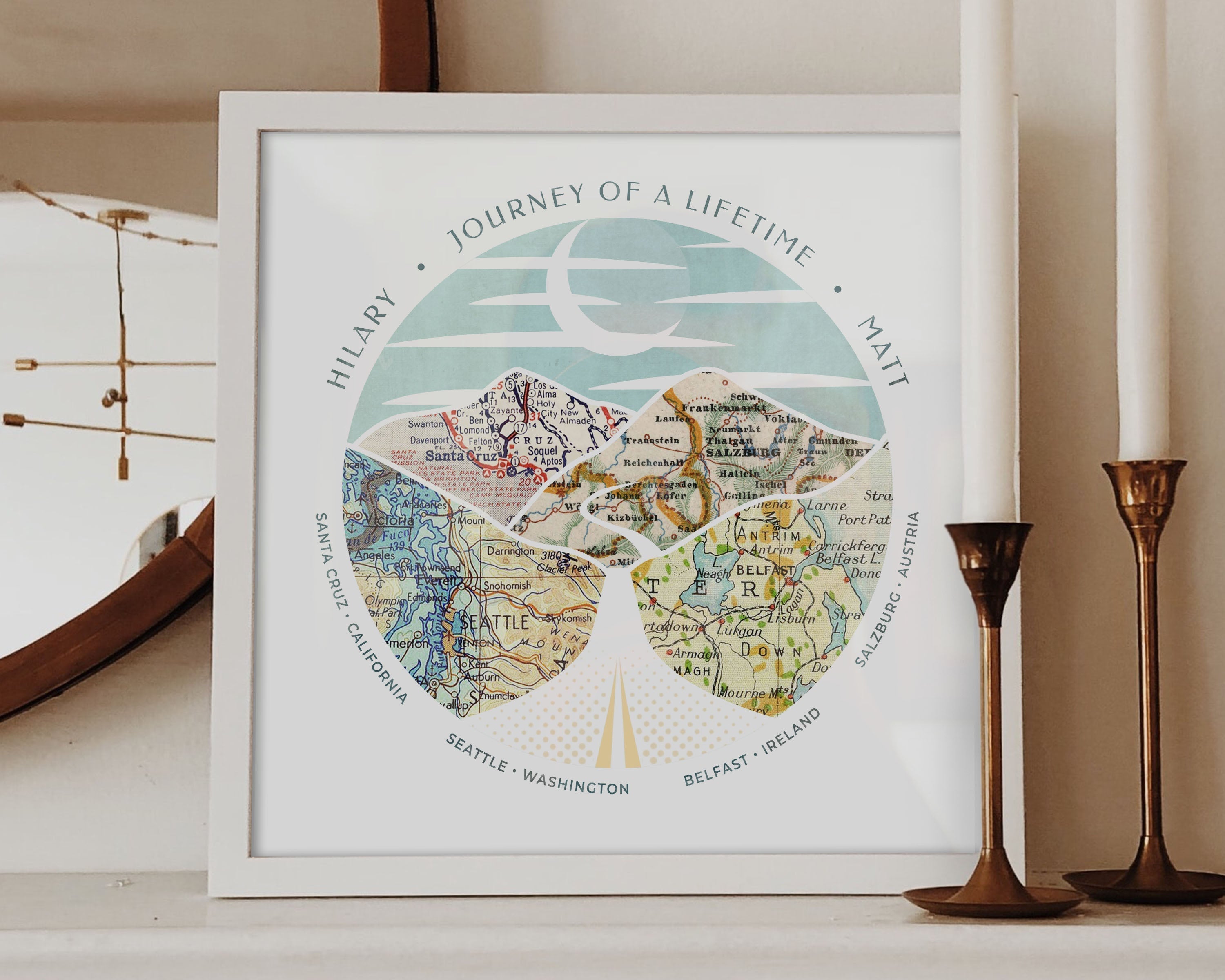 [Print Only|12x12|4 Maps|Print + Custom Frame] Relief of hills and highway into the horizon, with inset maps. Candles in the foreground