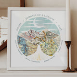 wanderlust roadtrip map print four maps white frame. Relief of hills and highway into the horizon, with inset maps. Candles in foreground