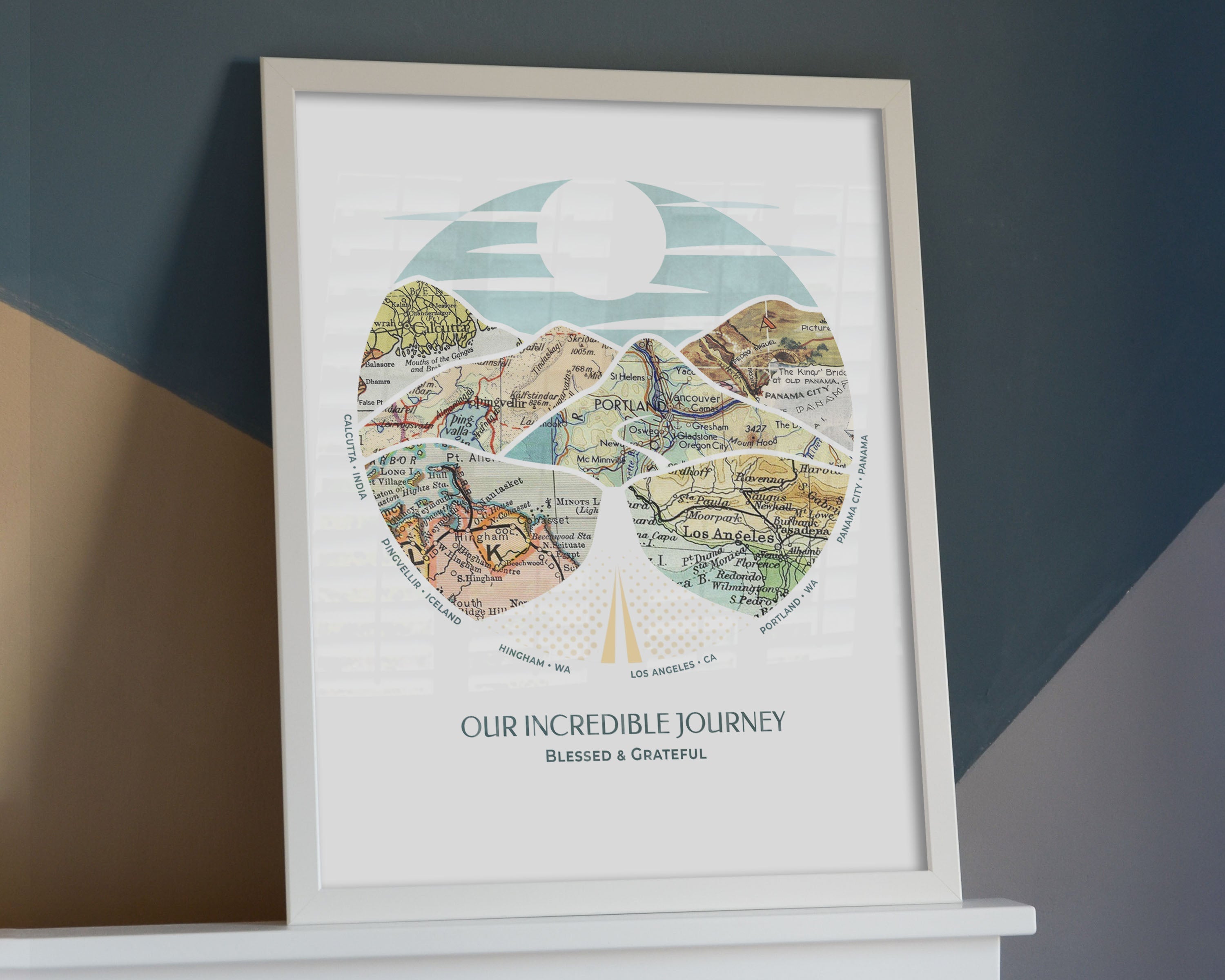 [Print Only|18x24|6 Maps|Print + Custom Frame] Relief of hills and highway into the horizon, with inset maps. Leaning against colorful wall