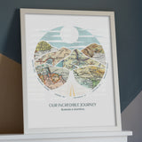 wanderlust roadtrip map print six maps white frame. Relief of hills and highway into the horizon, with inset maps. Leaning against colorful wall.